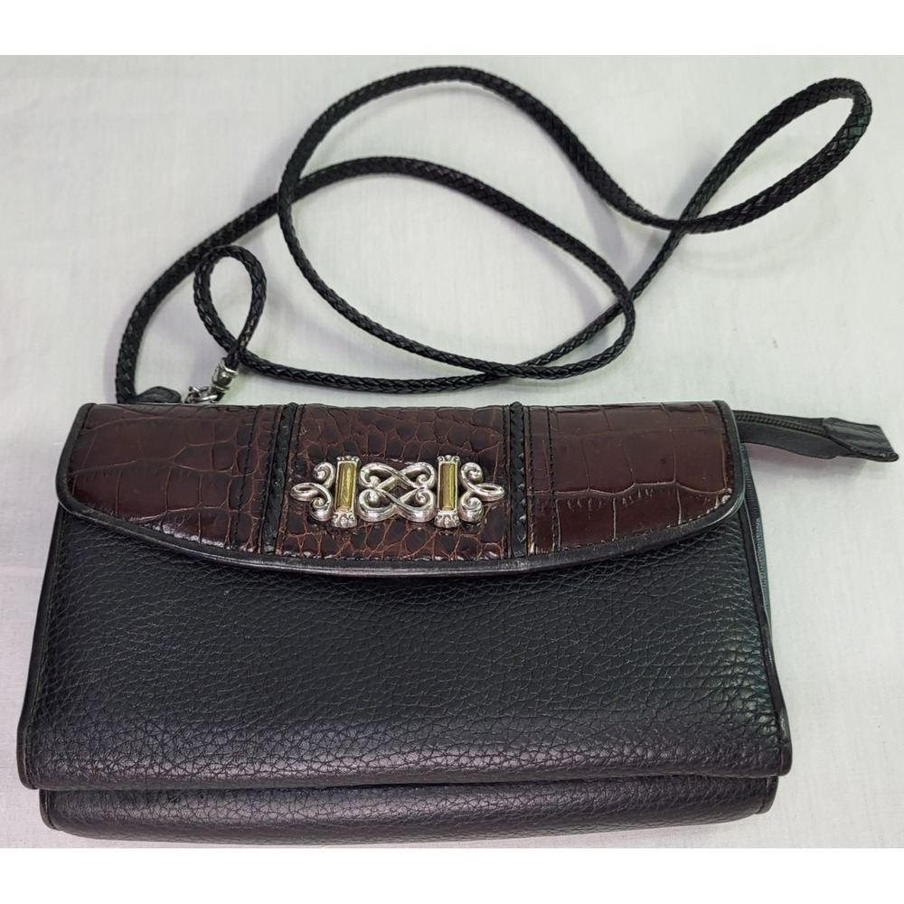 Brighton Brown Black Croc Embossed Pebbled Leather Crossbody Wallet Purse